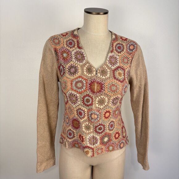 Vintage Talbots Womens LP Crochet Granny Square Cardigan Zip Front V-Neck Cotton - Picture 1 of 9
